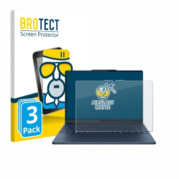 Parte frontal de un envase de producto con el logotipo de la marca BROTECT. Al lado se muestra el dispositivo Lenovo Yoga Pro 