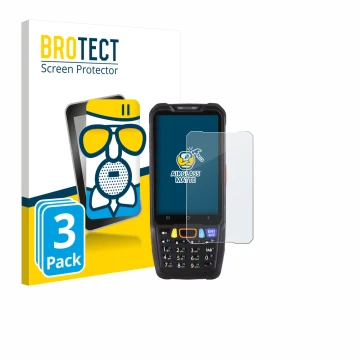 Parte frontal de un envase de producto con el logotipo de la marca BROTECT. Al lado se muestra el dispositivo Point Mobile PM6