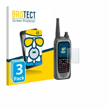 Parte frontal de un envase de producto con el logotipo de la marca BROTECT. Al lado se muestra el dispositivo Icom IC-A25NE /I