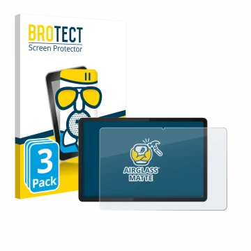 Parte frontal de un envase de producto con el logotipo de la marca BROTECT. Al lado se muestra el dispositivo Lenovo Tab K11e 