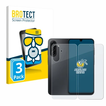 Parte frontal de un envase de producto con el logotipo de la marca BROTECT. Al lado se muestra el dispositivo Samsung Galaxy A