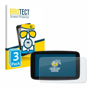 Parte frontal de un envase de producto con el logotipo de la marca BROTECT. Al lado se muestra el dispositivo TomTom GO Classi