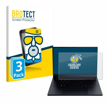 Parte frontal de un envase de producto con el logotipo de la marca BROTECT. Al lado se muestra el dispositivo Razer Blade 14 2