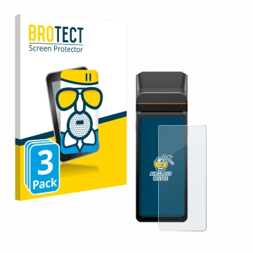 Parte frontal de un envase de producto con el logotipo de la marca BROTECT. Al lado se muestra el dispositivo Sunmi V3H con su