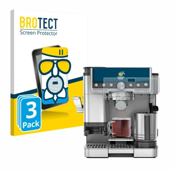 Parte frontal de un envase de producto con el logotipo de la marca BROTECT. Al lado se muestra el dispositivo Ninja Luxe Cafe 