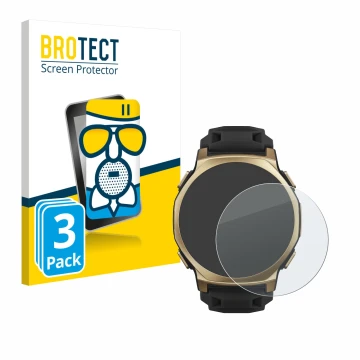 Parte frontal de un envase de producto con el logotipo de la marca BROTECT. Al lado se muestra el dispositivo Huami Amazfit T-