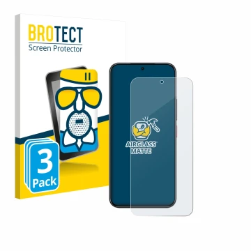 Parte frontal de un envase de producto con el logotipo de la marca BROTECT. Al lado se muestra el dispositivo Nubia Air con su