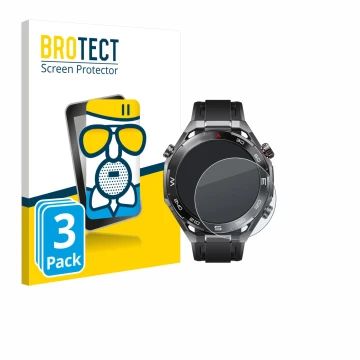 Parte frontal de un envase de producto con el logotipo de la marca BROTECT. Al lado se muestra el dispositivo Huawei Watch Ult