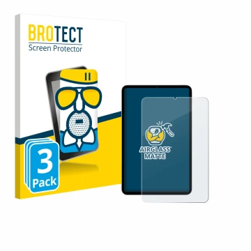 Parte frontal de un envase de producto con el logotipo de la marca BROTECT. Al lado se muestra el dispositivo Xiaomi Pad Mini 