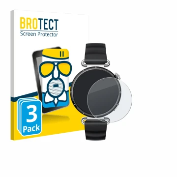 Parte frontal de un envase de producto con el logotipo de la marca BROTECT. Al lado se muestra el dispositivo Huawei Watch GT 
