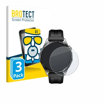 Parte frontal de un envase de producto con el logotipo de la marca BROTECT. Al lado se muestra el dispositivo Huawei Watch GT 