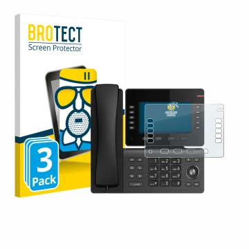 Parte frontal de un envase de producto con el logotipo de la marca BROTECT. Al lado se muestra el dispositivo Snom D865 con su
