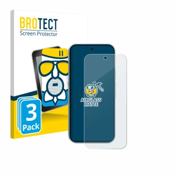 Parte frontal de un envase de producto con el logotipo de la marca BROTECT. Al lado se muestra el dispositivo Google Pixel 9 (