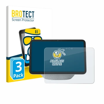 Parte frontal de un envase de producto con el logotipo de la marca BROTECT. Al lado se muestra el dispositivo Amazon Echo Show