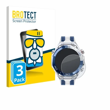 Parte frontal de un envase de producto con el logotipo de la marca BROTECT. Al lado se muestra el dispositivo Huawei Watch Ult