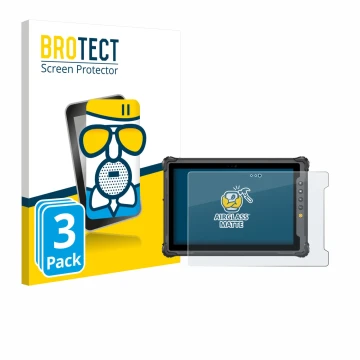 Parte frontal de un envase de producto con el logotipo de la marca BROTECT. Al lado se muestra el dispositivo onerugged W10 J 