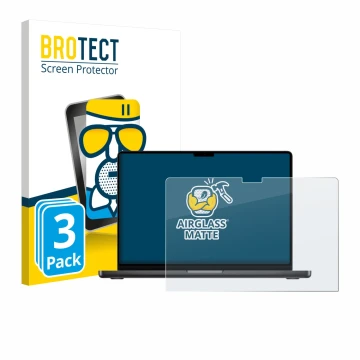 Parte frontal de un envase de producto con el logotipo de la marca BROTECT. Al lado se muestra el dispositivo Apple MacBook Pr