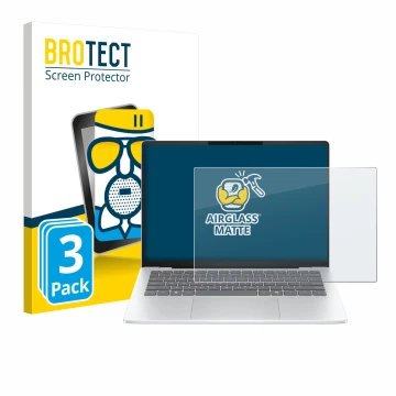 Parte frontal de un envase de producto con el logotipo de la marca BROTECT. Al lado se muestra el dispositivo HP OmniBook 5 14
