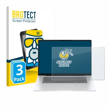 Parte frontal de un envase de producto con el logotipo de la marca BROTECT. Al lado se muestra el dispositivo HP OmniBook 5 16