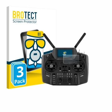 Parte frontal de un envase de producto con el logotipo de la marca BROTECT. Al lado se muestra el dispositivo Radiomaster GX12