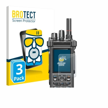 Parte frontal de un envase de producto con el logotipo de la marca BROTECT. Al lado se muestra el dispositivo Radtel RT-950 Pr