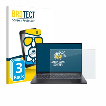 Parte frontal de un envase de producto con el logotipo de la marca BROTECT. Al lado se muestra el dispositivo Acer Swift X 14 