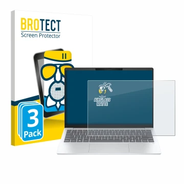 Parte frontal de un envase de producto con el logotipo de la marca BROTECT. Al lado se muestra el dispositivo HP OmniBook 7 Ae