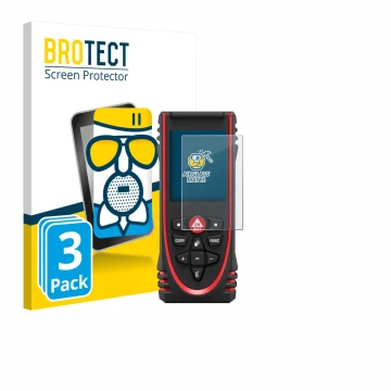 Parte frontal de un envase de producto con el logotipo de la marca BROTECT. Al lado se muestra el dispositivo Leica DISTO X3 c