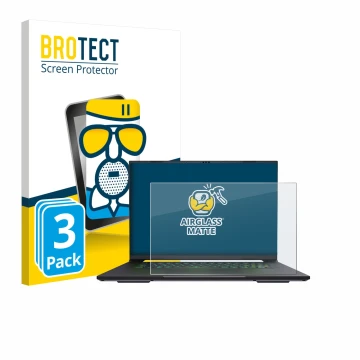 Parte frontal de un envase de producto con el logotipo de la marca BROTECT. Al lado se muestra el dispositivo Gigabyte AERO X1