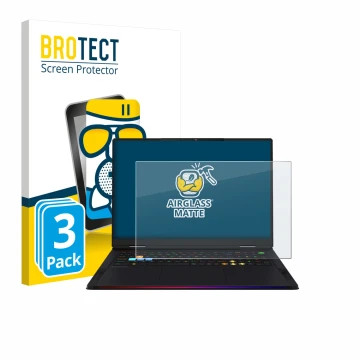 Parte frontal de un envase de producto con el logotipo de la marca BROTECT. Al lado se muestra el dispositivo MSI Raider A18 H