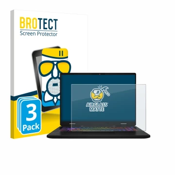 Parte frontal de un envase de producto con el logotipo de la marca BROTECT. Al lado se muestra el dispositivo MSI Vector 16 HX