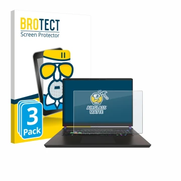 Parte frontal de un envase de producto con el logotipo de la marca BROTECT. Al lado se muestra el dispositivo MSI Vector 17 HX