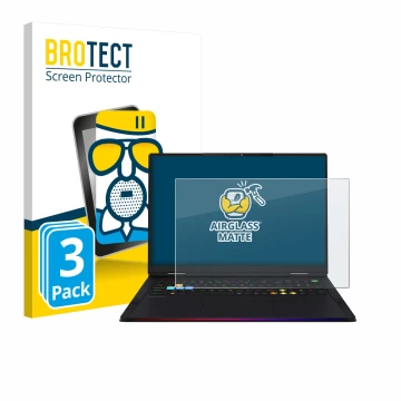 Parte frontal de un envase de producto con el logotipo de la marca BROTECT. Al lado se muestra el dispositivo MSI Raider 18 HX