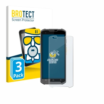 Parte frontal de un envase de producto con el logotipo de la marca BROTECT. Al lado se muestra el dispositivo Newland MT93 con