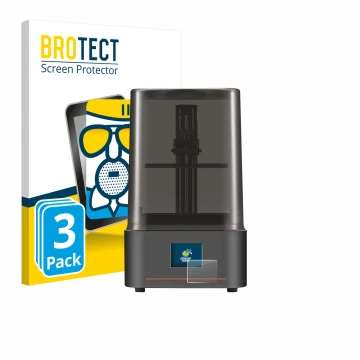 Parte frontal de un envase de producto con el logotipo de la marca BROTECT. Al lado se muestra el dispositivo Anycubic Photon 