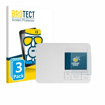 Parte frontal de un envase de producto con el logotipo de la marca BROTECT. Al lado se muestra el dispositivo Canon Selphy CP1