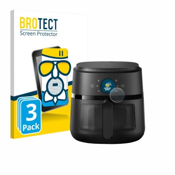 Parte frontal de un envase de producto con el logotipo de la marca BROTECT. Al lado se muestra el dispositivo Philips Airfryer