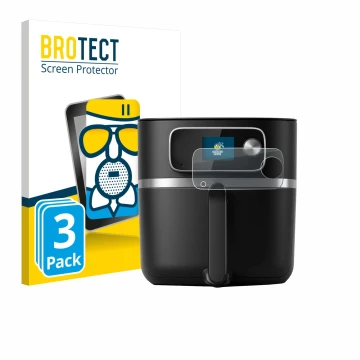 Parte frontal de un envase de producto con el logotipo de la marca BROTECT. Al lado se muestra el dispositivo Philips Airfryer
