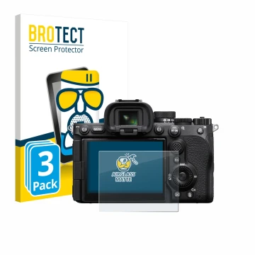 Parte frontal de un envase de producto con el logotipo de la marca BROTECT. Al lado se muestra el dispositivo Sony Alpha 7 V (