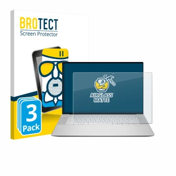 Parte frontal de un envase de producto con el logotipo de la marca BROTECT. Al lado se muestra el dispositivo Dell 16 Premium 