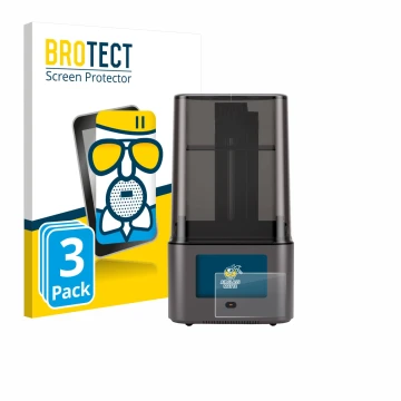 Parte frontal de un envase de producto con el logotipo de la marca BROTECT. Al lado se muestra el dispositivo Anycubic Photon 