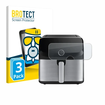 Parte frontal de un envase de producto con el logotipo de la marca BROTECT. Al lado se muestra el dispositivo Tefal Easy Fry M