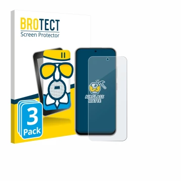 Parte frontal de un envase de producto con el logotipo de la marca BROTECT. Al lado se muestra el dispositivo Nubia V80 Pro co