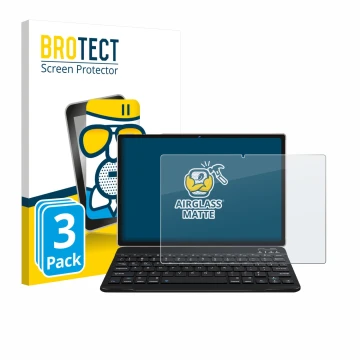 Parte frontal de un envase de producto con el logotipo de la marca BROTECT. Al lado se muestra el dispositivo DEERTiME E9 10.1