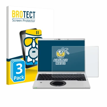 Parte frontal de un envase de producto con el logotipo de la marca BROTECT. Al lado se muestra el dispositivo Panasonic CF-FV3