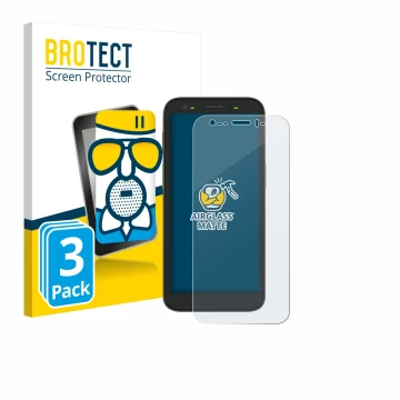 Parte frontal de un envase de producto con el logotipo de la marca BROTECT. Al lado se muestra el dispositivo Zebra TC501 con 