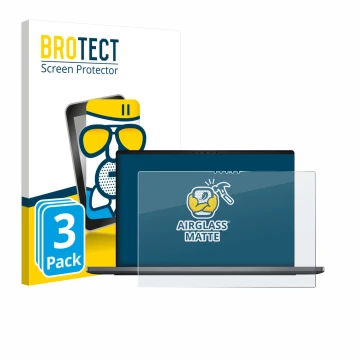 Parte frontal de un envase de producto con el logotipo de la marca BROTECT. Al lado se muestra el dispositivo Dell XPS 14 DA14