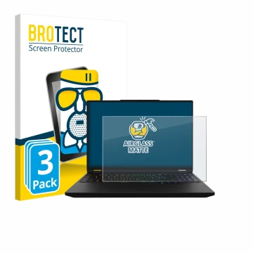 Parte frontal de un envase de producto con el logotipo de la marca BROTECT. Al lado se muestra el dispositivo XMG Apex 16 Max 