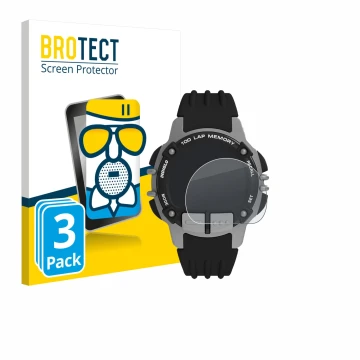 Parte frontal de un envase de producto con el logotipo de la marca BROTECT. Al lado se muestra el dispositivo Timex Ironman TW