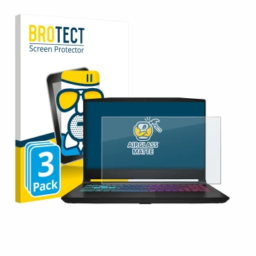 Parte frontal de un envase de producto con el logotipo de la marca BROTECT. Al lado se muestra el dispositivo MSI Katana 15 HX